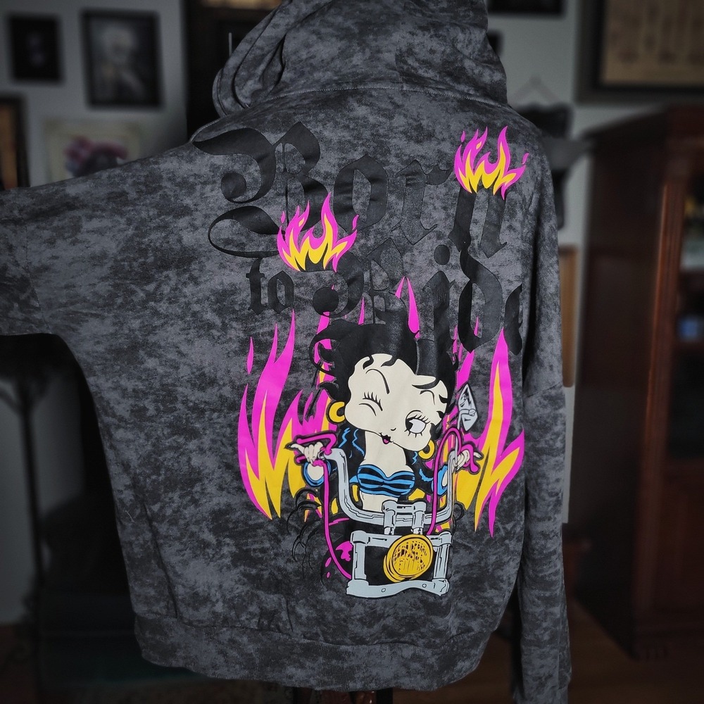 Betty Boop Hoodie Motorcycle Club Los Angeles Acid Wash Grey Pink Graphic XL 79 - Picture 5 of 8